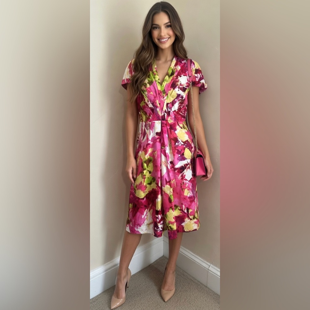 Etcetera Pink Hibiscus Floral Cap Sleeve Dress.